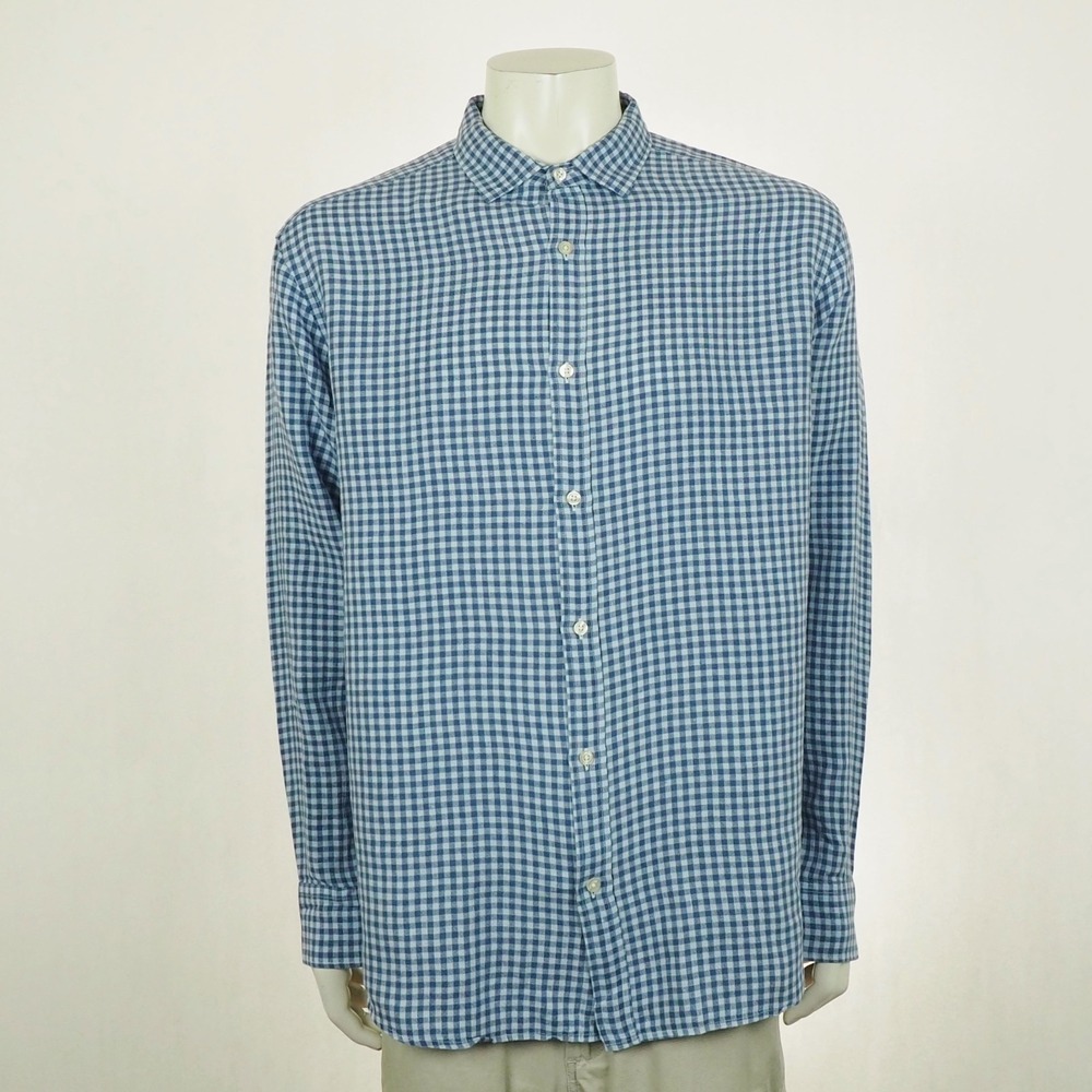 Charles Tyrwhitt Button Down Shirt Mens Sz XL Blue Plaid Classic Fit 100% Linen